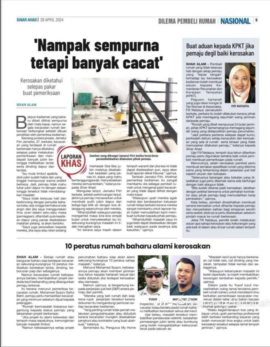 Keratan Sinar Ahad tentang kecacatan rumah